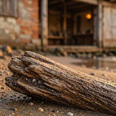 Wooden log on a beach in front of an old wooden house