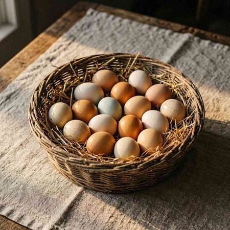 Easter eggs in a basket on a wooden table. Rustic style.