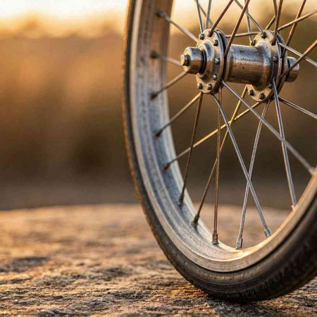 Detail of a bicycle wheel on a wooden surface with blurred background