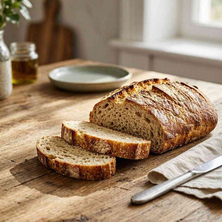Sliced bread on a wooden table with a knife and a bowl of oil