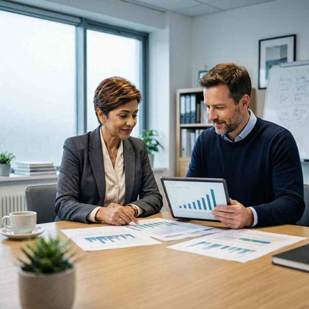 Businessman and businesswoman working together on a project in an office