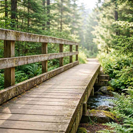 Wooden bridge over a stream in the forest. Beautiful summer landscape.