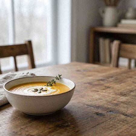 Bowl of pumpkin soup with thyme and pumpkin seeds on wooden table