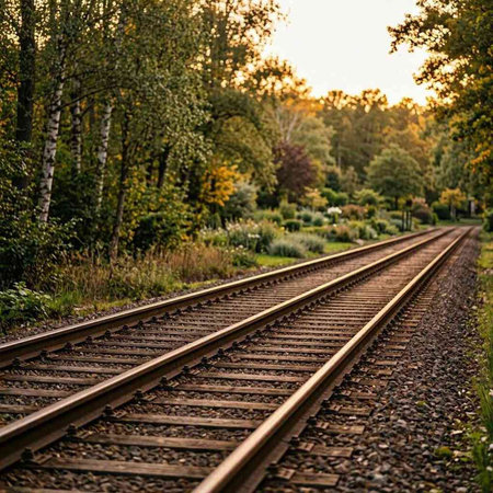 Railway tracks in the forest at sunset. Selective focus.