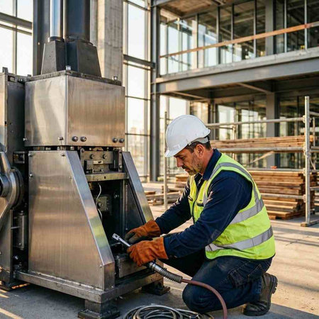 Industrial worker in safety helmet and reflective vest operating lathe machine on construction site