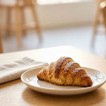 Croissant on a plate on a wooden table in a cafe