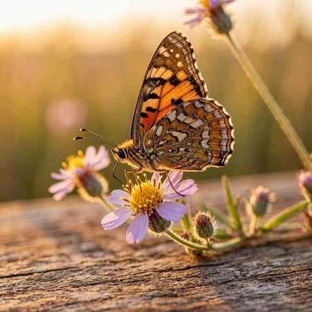 Butterfly on a flower in the meadow at sunset.