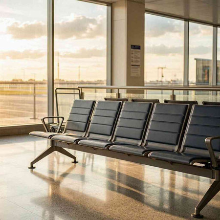 Waiting area at the airport with chairs and a window in the background