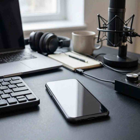 smartphone, headphones, notebook and microphone on a black background.