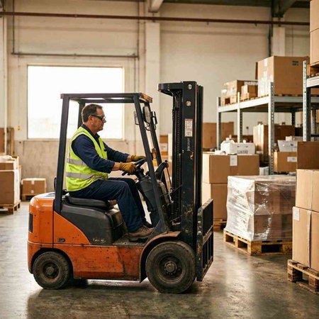 Front view of mature Caucasian male worker driving forklift in warehouse. This is a freight transportation and distribution warehouse. Industrial and industrial workers concept
