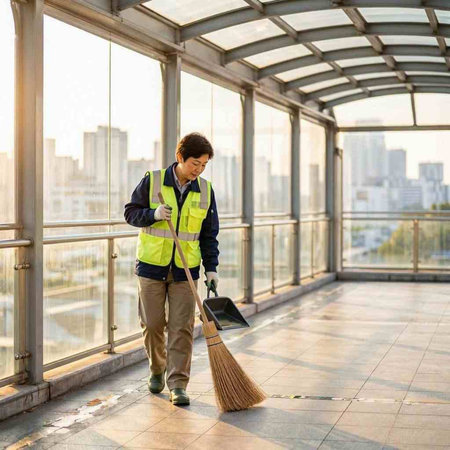 asian male janitor cleaning corridor with broom at modern office building
