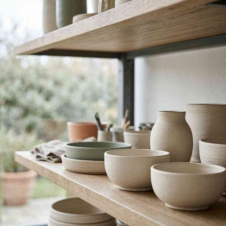 Clay pottery on shelf in pottery shop, stock photo
