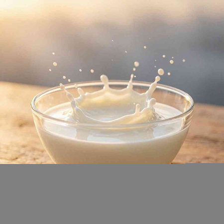 Milk splash in a glass bowl on wooden background. Copy space.