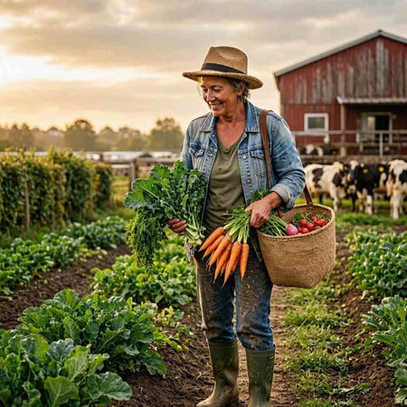 Farmer with a basket of fresh carrots on the background of a farm