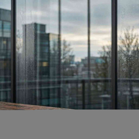 Empty wooden table in front of a window in a modern office building