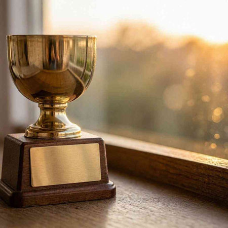 Golden trophy cup on the table in front of a window with sunlight