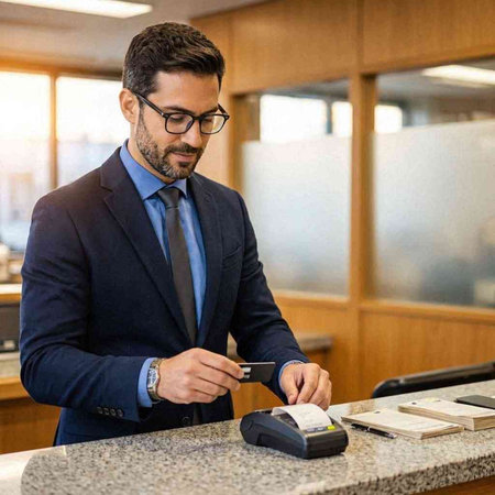 Businessman paying with credit card in the hotel lobby. Businessman paying with credit card in hotel lobby.