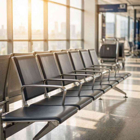 Waiting area at the airport terminal. Empty chairs for passengers.