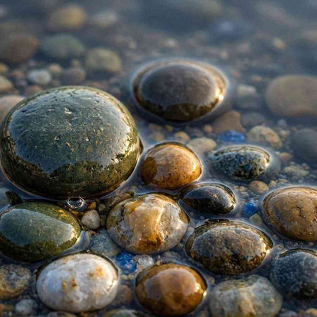 Pebbles on the beach with water drops in the foreground.