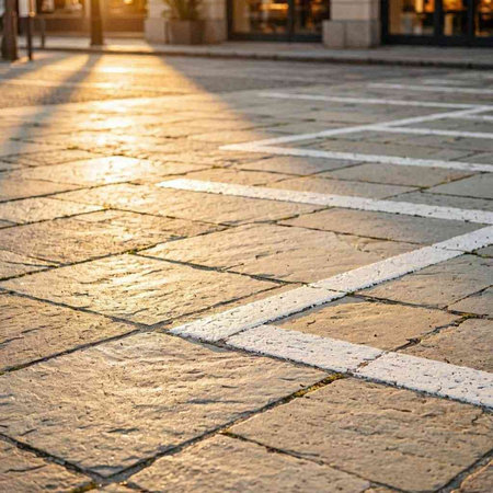 Cobblestone pavement in the city at sunset. Abstract background.