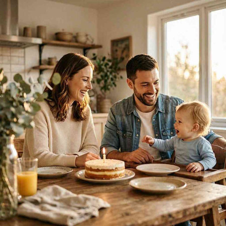 Happy young family celebrating birthday together at home. Mother, father and child having fun together.