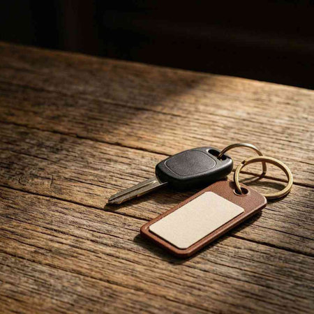 Car key with blank tag on wooden table. Focus on key.