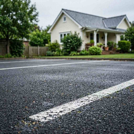White line on the asphalt road in front of a new house.