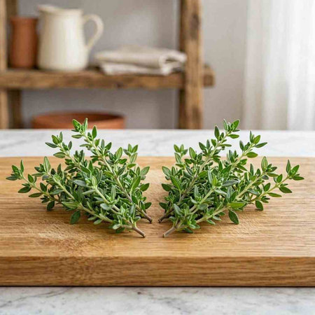 Fresh thyme twigs on a wooden cutting board on a kitchen countertop