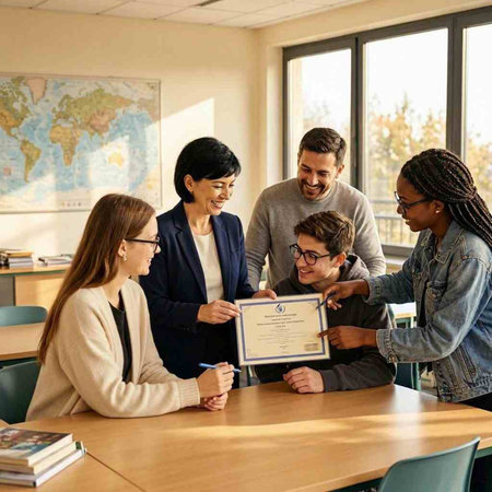 Group of students sitting at a table and looking at a diploma.
