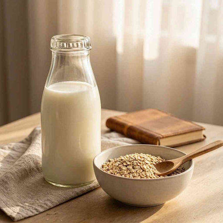 Milk in a glass bottle and oatmeal on a wooden table
