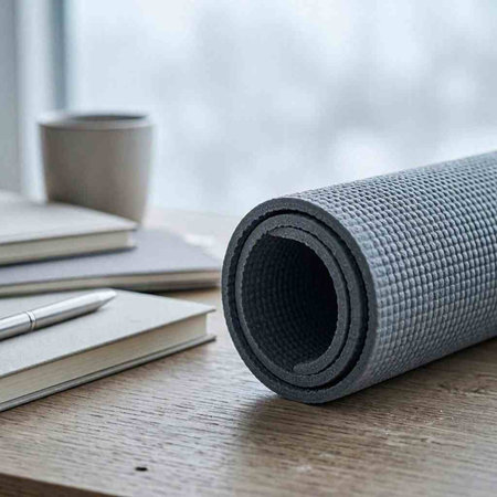 grey yoga mat on a wooden table with a cup of coffee in the background