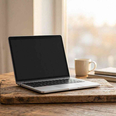 Laptop with blank screen on a wooden table with a cup of coffee