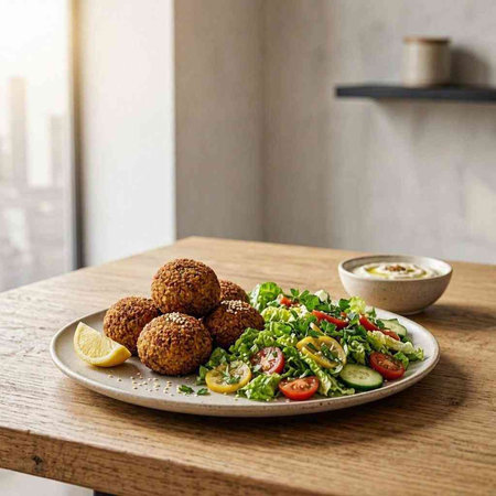 Vegetarian falafel balls with salad on a plate. Healthy eating concept.