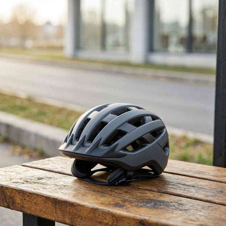 Bicycle helmet on a wooden bench in the city. Selective focus.