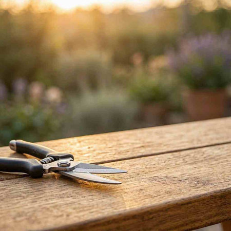 Garden shears on a wooden table in the garden at sunset
