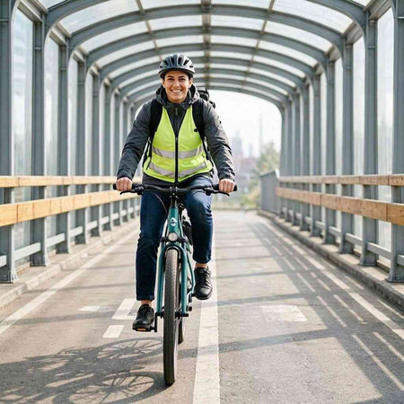 Young man riding a bicycle on a pedestrian bridge in the city.
