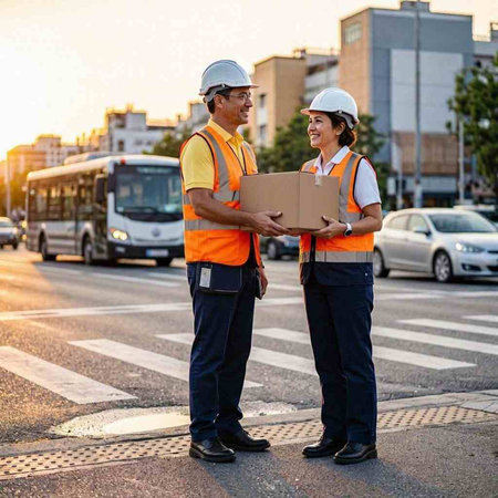 Two construction workers in helmets and overalls standing on the street and looking at each other