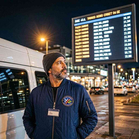 Handsome Indian man in blue jacket and beret standing at the bus stop at night