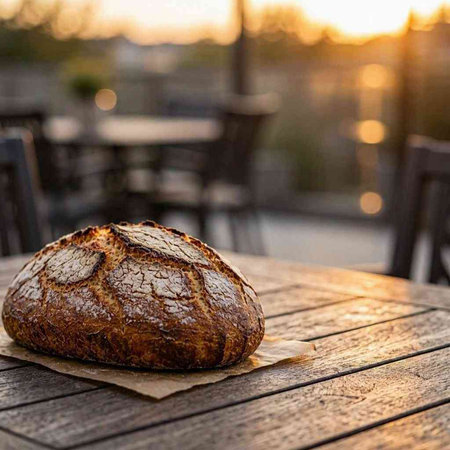 Freshly baked loaf of bread on a table in a cafe.