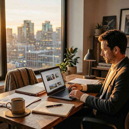 Businessman working on laptop at the table in the office with a city view