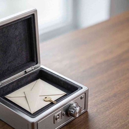 Envelope in a metal case on a wooden table. High quality photo