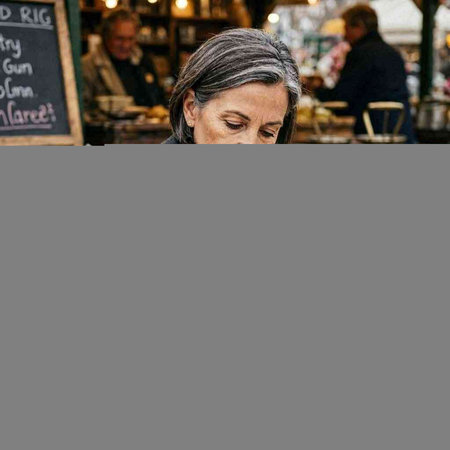 Caucasian senior woman looking down while sitting in a street cafe.