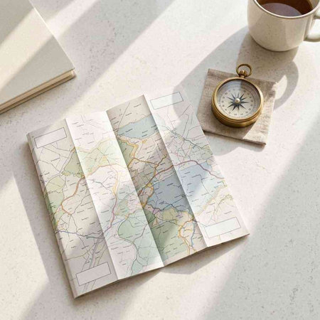 Travel planning concept. Top view of vintage map, compass and cup of coffee on white background.