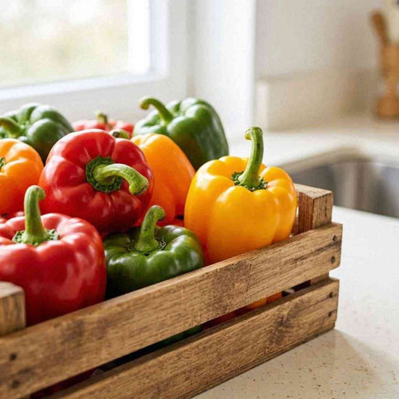 Colorful bell peppers in a wooden box on a kitchen counter.