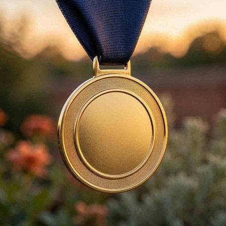 Gold medal with blue ribbon on the background of the setting sun.