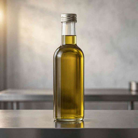 Olive oil bottle on table in kitchen, closeup. Space for text
