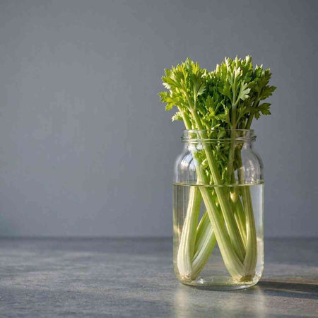 Fresh celery in a glass jar on a gray background. Copy space.