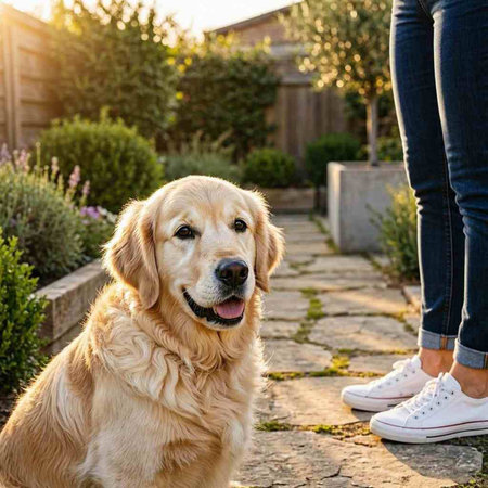 Golden Retriever sitting in the garden with a woman in the background
