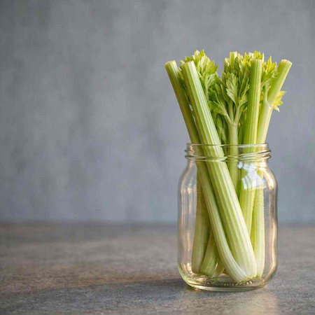 Fresh celery in a glass jar on a gray background. Copy space.