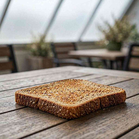 Slice of bread on a wooden table in a coffee shop.